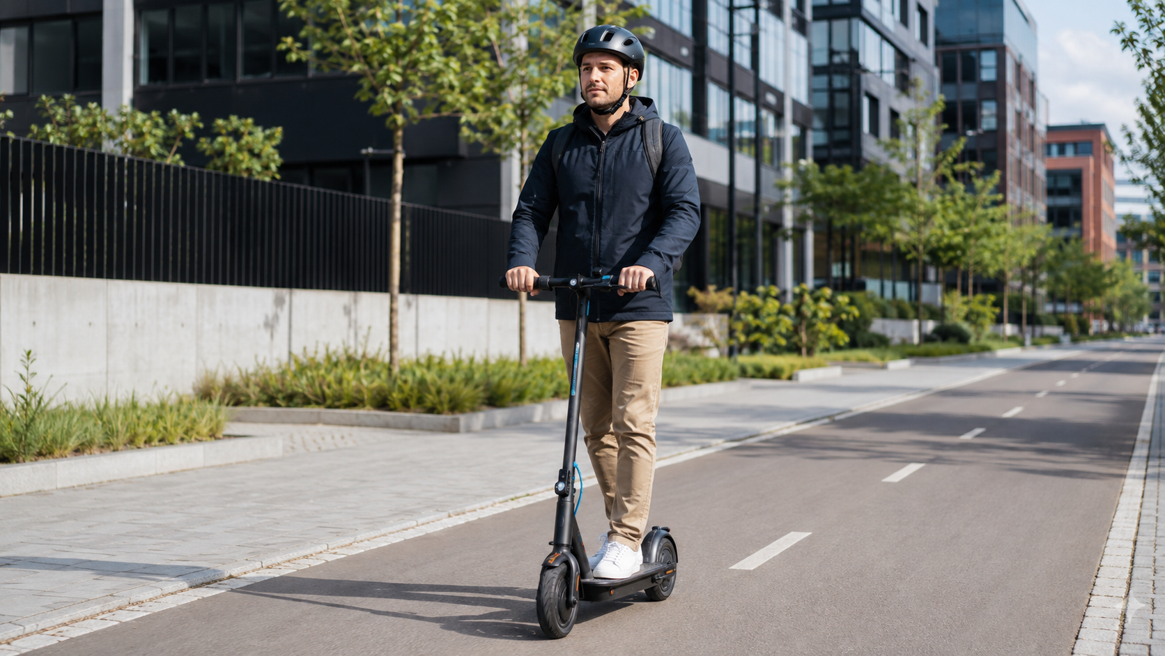 E-Scooter-Fahrer mit Helm auf einem städtischen Radweg